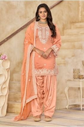 Peach Embroidered Silk Patiala Suit PS2430