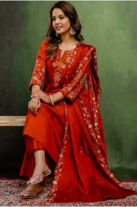 Silk Salwar Kameez with Embroidered in Rust SK155697