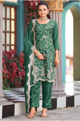 Embroidered Silk Eid Salwar Kameez in Green SK155937