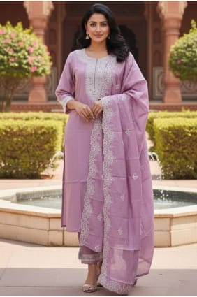 Silk Salwar Kameez with Embroidered in Lavender SK156132
