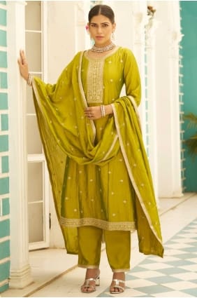 Silk Lemon Salwar Kameez in Embroidered SK155701