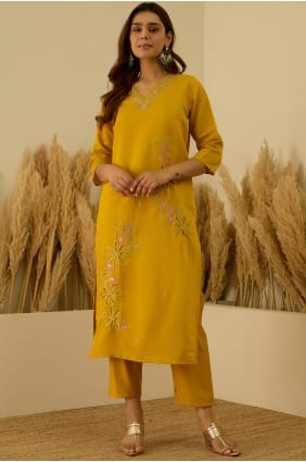 Silk Salwar Kameez in Mustard with Embroidered SK15755