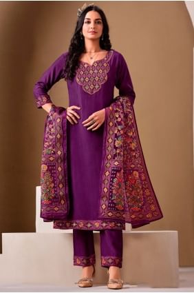 Embroidered Silk Salwar Kameez in Purple SK155796