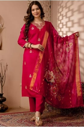 Red Eid Salwar Kameez in Embroidered Silk SK155993