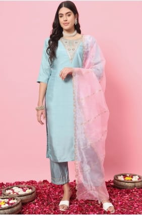 Silk Salwar Kameez in Sky blue with Embroidered SK15815