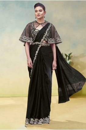 Black Embroidered Saree in Silk SR29183