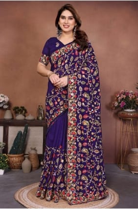 Blue Embroidered Silk Saree for Women SR29907