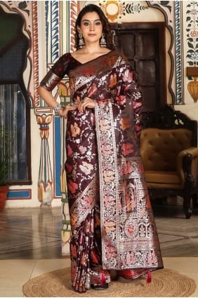 Maroon Embroidered Silk Saree SR29229