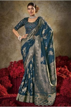 Teal Saree in Embroidered Silk SR29503