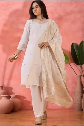 Embroidered Silk Straight Pant Suit in Off white with Dupatta SK155464