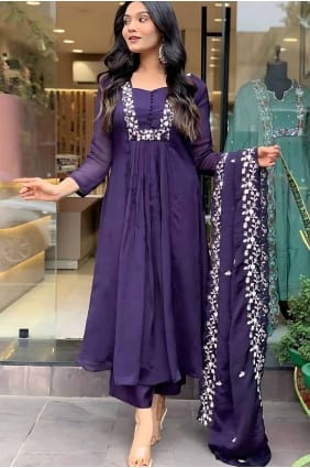 Embroidered Silk Straight Pant Suit in Voilet with Dupatta SK155503