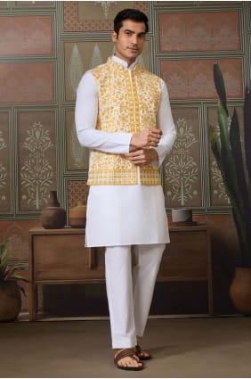 Embroidered Silk Men Kurta in White KURR608