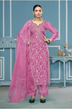Embroidered Straight Pant Suit in Purple Organza SK155342