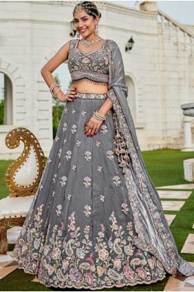 Grey Embroidered Lehenga Choli in Tissue LC8733