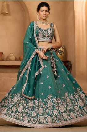 Teal Embroidered Lehenga Choli in Tissue LC8787