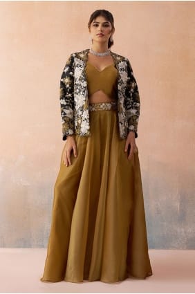Mustard Palazzo Suit in Tissue with Embroidered PZ4500