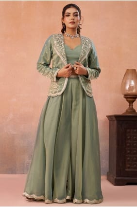 Sage green Tissue Embroidered Palazzo Suit with Dupatta PZ4503