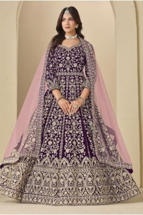 Wine Anarkali Suit in Embroidered Velvet AS4189