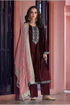 Embroidered Velvet Maroon Straight Pant Suit with Dupatta SK155134