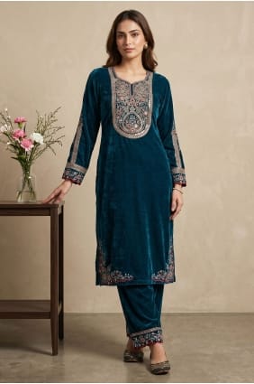 Teal Velvet Embroidered Indo Western Kurti with Dupatta SK159178