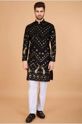 Embroidered Viscose Men Kurta in Black KURR526