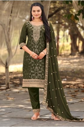 Viscose Mehendi green Eid Salwar Kameez in Embroidered SK155931