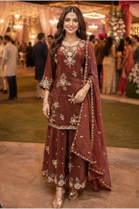 Viscose Brown Sharara Suit in Embroidered SS1374