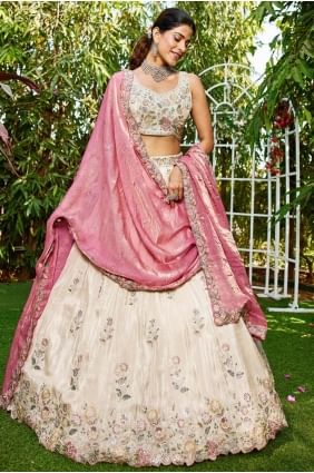 Embroidered Wedding Lehenga Choli in Cream Tissue LC8372