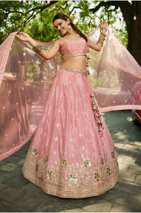 Embroidered Wedding Lehenga Choli in Pink Chiffon LC8497