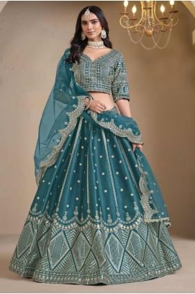Embroidered Wedding Lehenga Choli in Rama Art silk LC8345