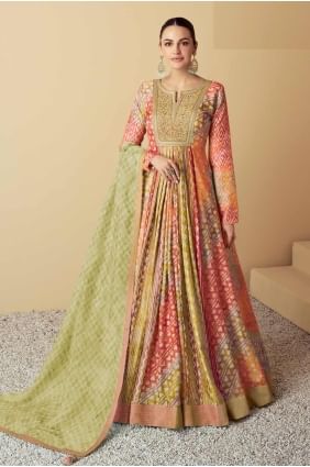 Embroidered Gown Dress in Orange and multi Muslin GW1088