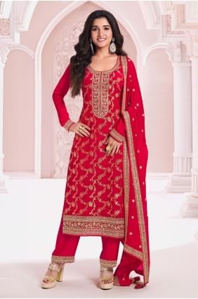 Embroidered Jacquard Eid Salwar Kameez in Red SK155130
