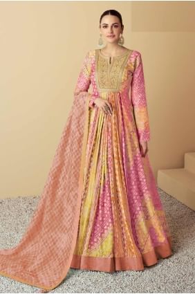 Embroidered Muslin Gown Dress in Peach and multi with Dupatta GW1086