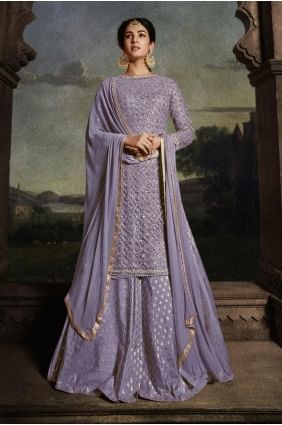 Embroidered Net Eid Palazzo Suit in Purple PZ4100