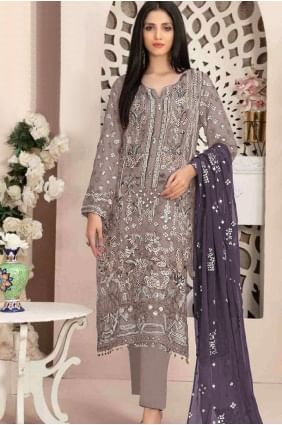Embroidered Straight Pant Suit in Beige Georgette SK155113