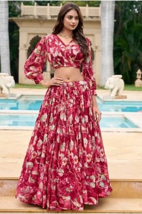Printed Faux georgette Lehenga Choli in Red LC8514
