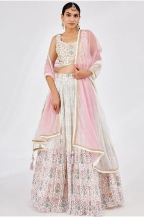 White Printed Lehenga Choli in Faux georgette LC8876