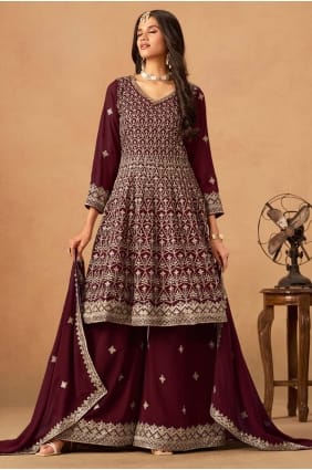 Embroidered Palazzo Suit in Maroon Faux georgette PZ4209