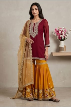 Maroon Embroidered Faux georgette Sharara Suit SS1391
