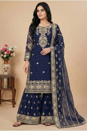 Navy blue Sequins Faux georgette Palazzo Suit PZ4384
