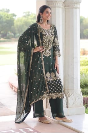 Embroidered Eid Palazzo Suit in Green Faux georgette PZ4247