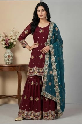 Sequins Palazzo Suit in Maroon Faux georgette PZ4382