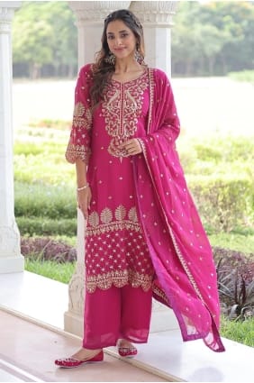 Faux georgette Eid Palazzo Suit in Pink with Embroidered PZ4248