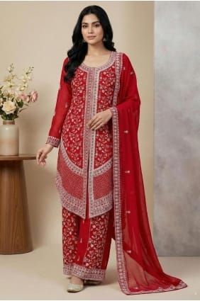 Faux georgette Thread Red Palazzo Suit with Dupatta PZ4365