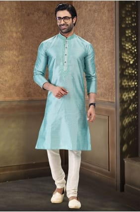 Embroidered Jacquard Men Kurta in Firozi with Dupatta KURR615