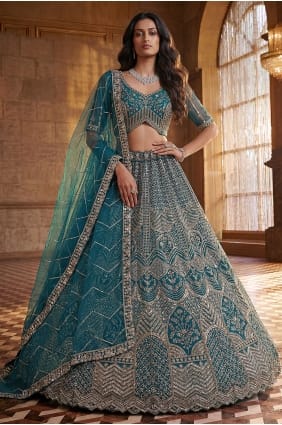 Embroidered Net Lehenga Choli in Firozi with Dupatta LC9041