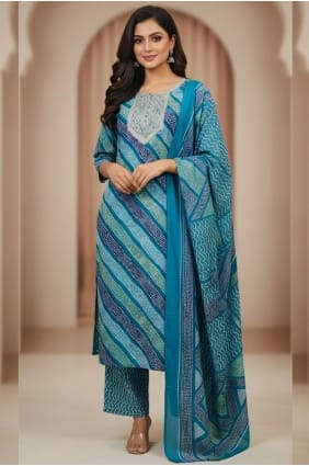 Cotton Printed Firozi Salwar Kameez with Dupatta SK156045