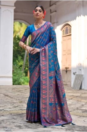 Pashmina Firozi Saree in Zari SR29667