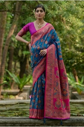 Firozi Zari,weaving Saree in Pashmina SR29613