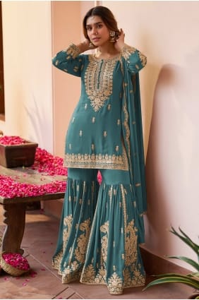 Embroidered Chinon chiffon Sharara Suit in Firozi SS1363